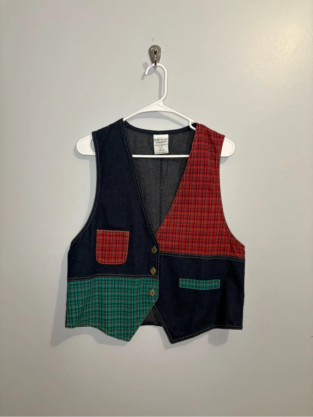 Vintage Napa Valley Plaid Patchwork Vest Denim Red Green Women’s Medium Light - Picture 4 of 13